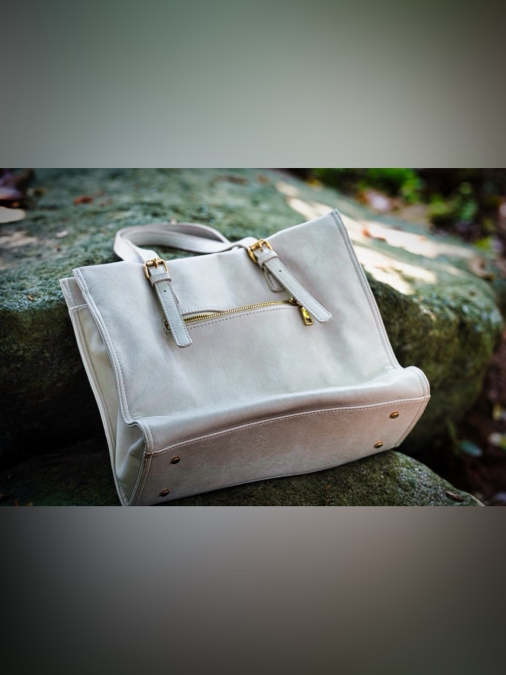 Urban Expressions Cream Vegan Leather Tote - Buckle Straps - Pink Lining